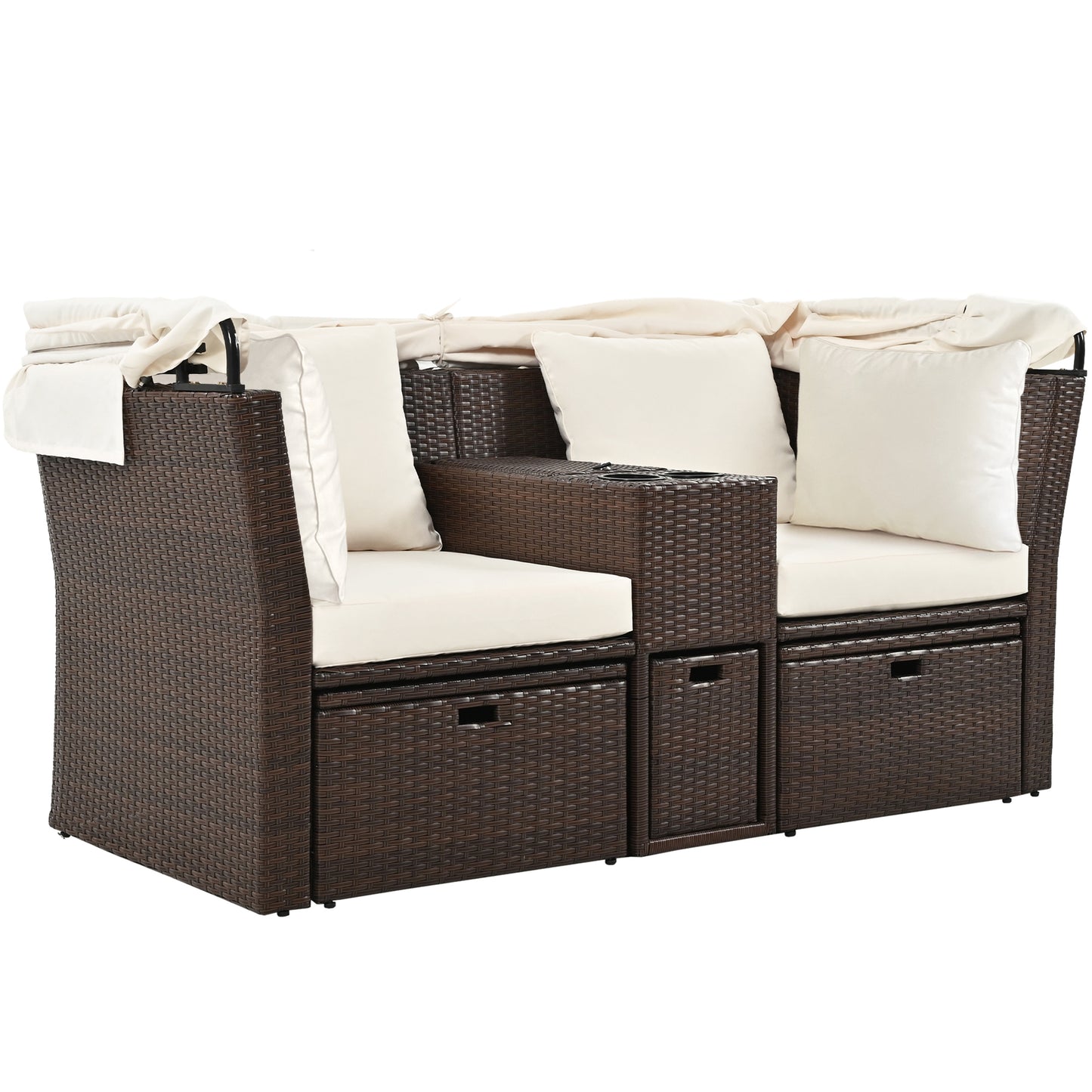 2-Seater Outdoor Patio Daybed Outdoor Double Daybed Outdoor Loveseat Sofa Set with Foldable Awning and Cushions for Garden, Balcony, Poolside, Beige ***(FREE SHIPPING)*** House to Home Furnishings LLC