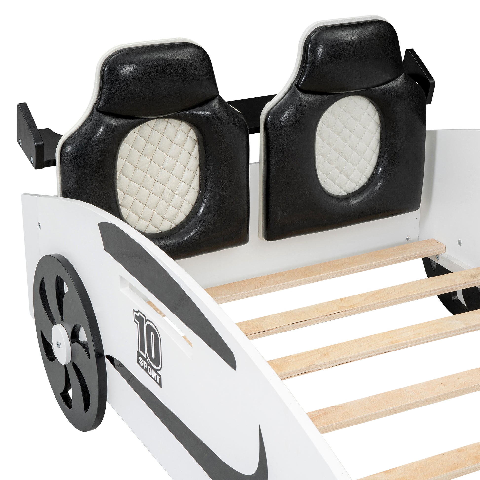 Twin Size Race Car-Shaped Platform Bed with Upholstered Backrest and Storage, White House to Home Furnishings LLC