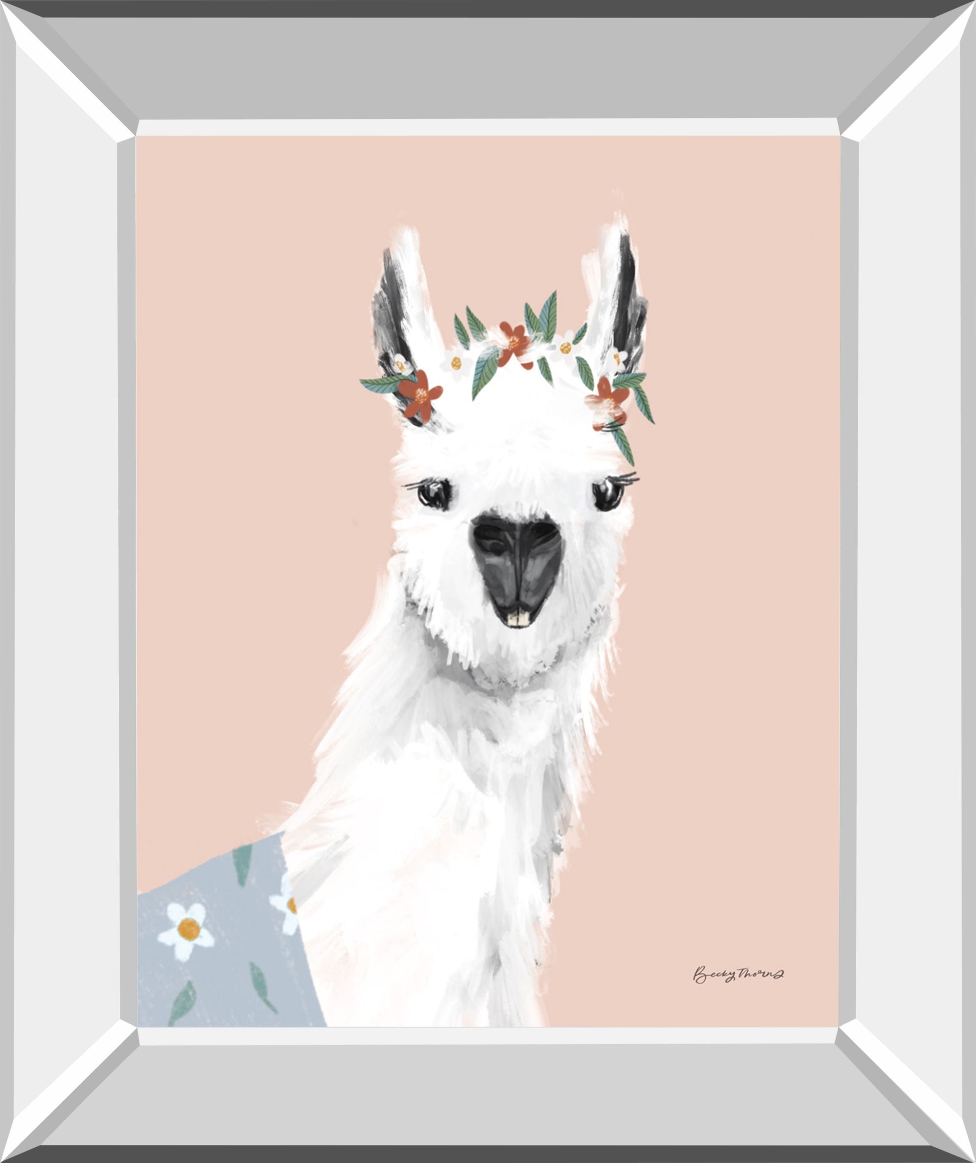 Delightful Alpacas I By Becky Thorns - Mirror Framed Print Wall Art - Pink Classy Art