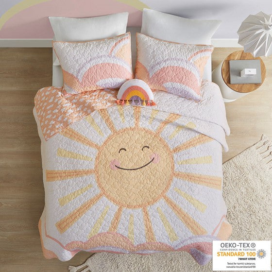 Reversible Sunshine Printed Cotton Quilt Set with Throw Pillow Yellow/Coral Twin Olliix.com