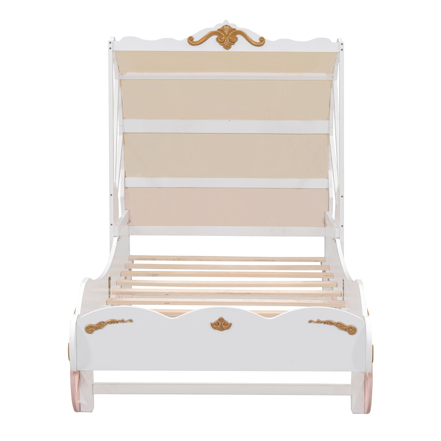 Twin Size Princess Carriage Bed with Canopy, Wood Platform Car Bed with 3D Carving Pattern, White+Pink+Gold House to Home Furnishings LLC