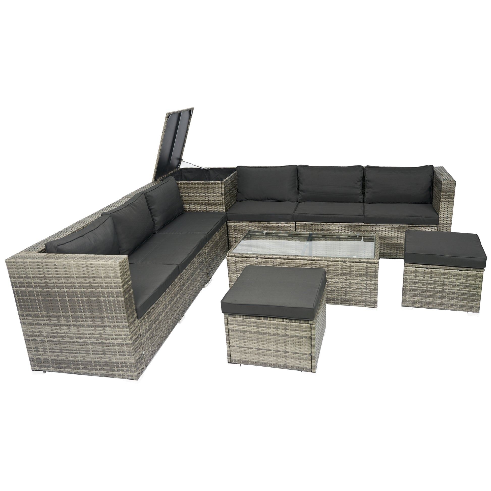 8 Piece Patio Outdoor Sectional Wicker Rattan Outdoor Furniture Sofa Set with One Storage Box Under Seat and Cushion Box Grey wicker + Black Cushion + Clear Glass Top House to Home Furnishings LLC