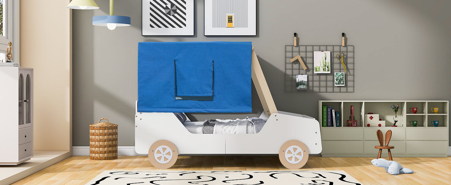 Full Size Car Shaped Bed with Tents,White+Natural House to Home Furnishings LLC