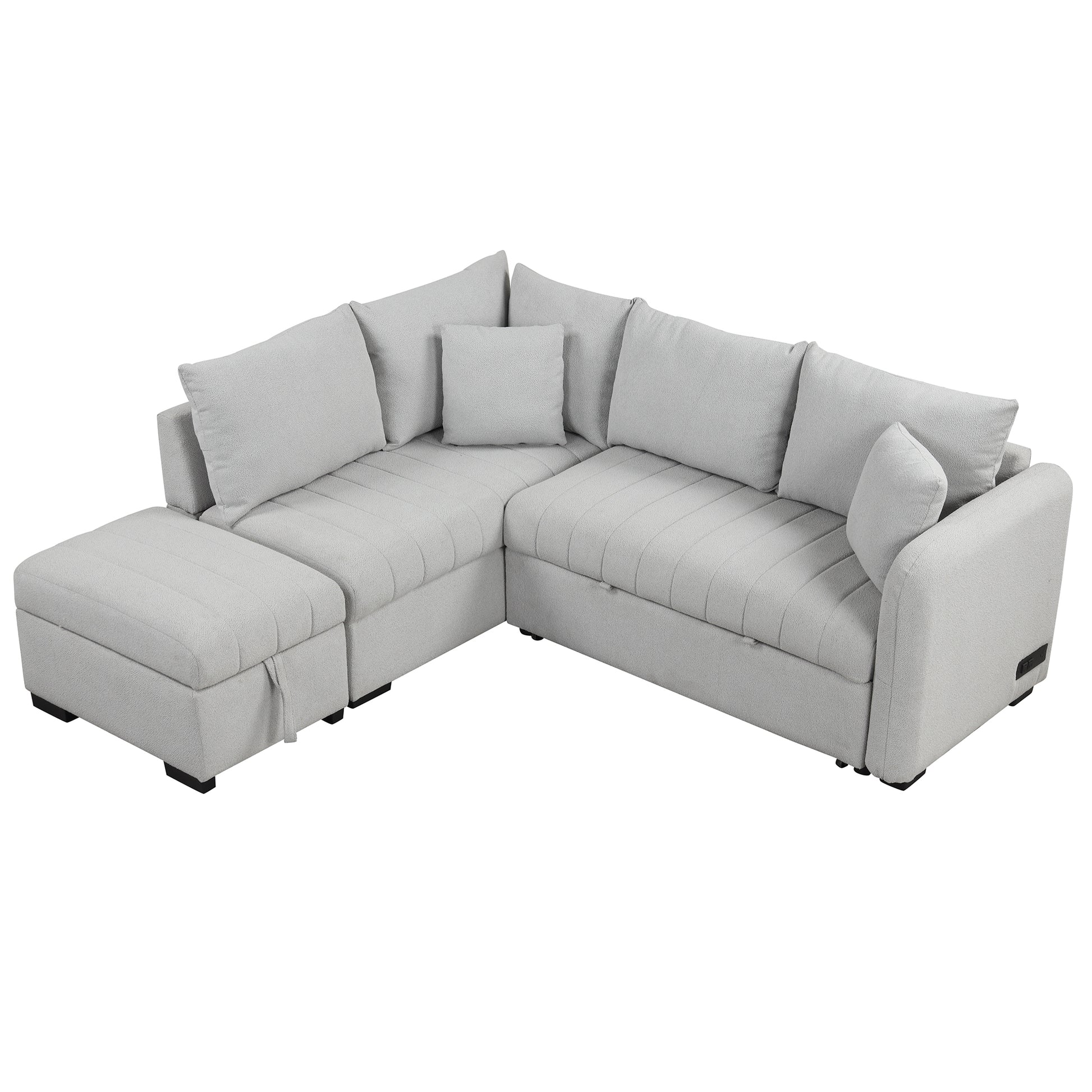 82.6" L-shaped Sectional Pull Out Sofa Bed Sleeper Sofa with Two USB Ports, Two Power Sockets and a Movable Storage Ottoman, Gray ***(FREE SHIPPING)*** House to Home Furnishings LLC