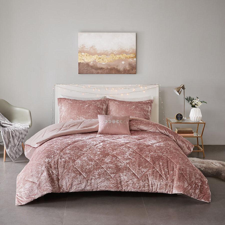 Felicia Casual Velvet Comforter Set Blush King/Cal King Olliix.com