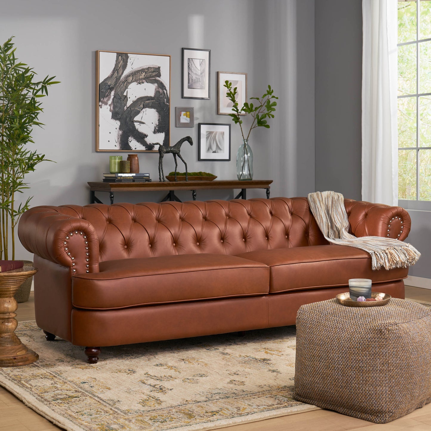 Estella Cognac Nail Head Chesterfield Leather 3 Seater Sofa House to Home Furnishings LLC