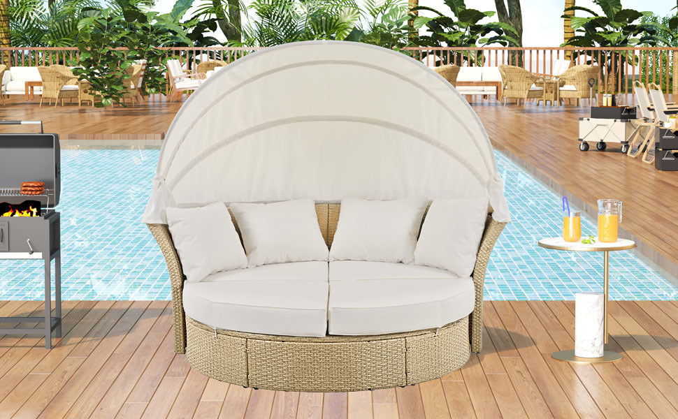 Outdoor Patio Daybed Wicker Rattan Double Daybed Round Sofa Furniture Set with Retractable Canopy, 4 Pillows for Lawn Garden Backyard Porch Pool, Beige House to Home Furnishings LLC