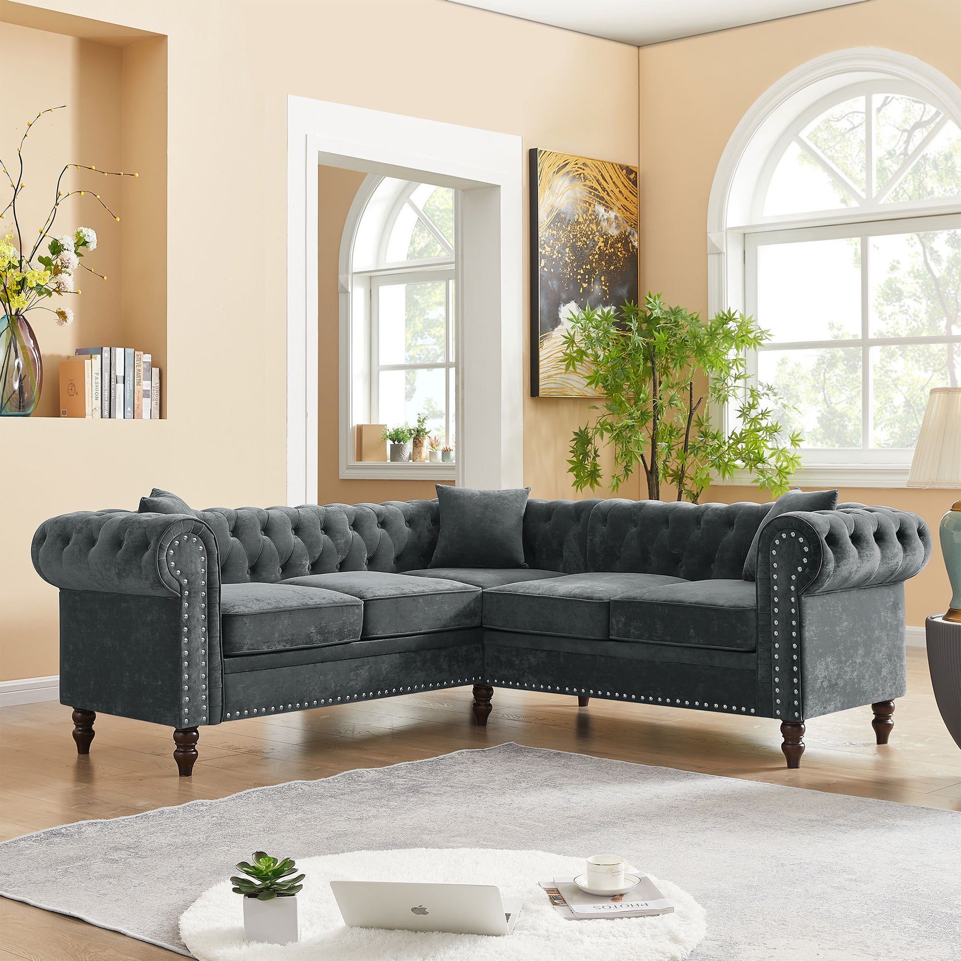 MH 80" Deep Button Tufted Upholstered Roll Arm Luxury Classic Chesterfield L-shaped Sofa 3 Pillows Included, Solid Wood Gourd Legs, Grey velvet ***(FREE SHIPPING)*** House to Home Furnishings LLC