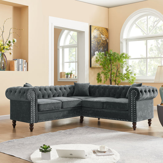 MH 80" Deep Button Tufted Upholstered Roll Arm Luxury Classic Chesterfield L-shaped Sofa 3 Pillows Included, Solid Wood Gourd Legs, Grey velvet ***(FREE SHIPPING)***
