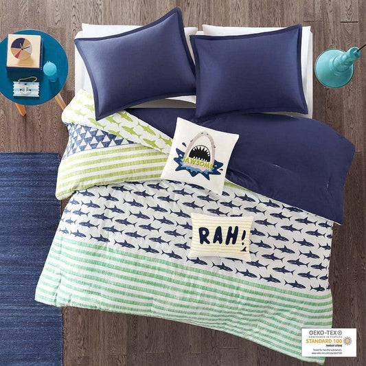 Finn Shark Casual Cotton Comforter Set Green & Navy Full/Queen Olliix.com