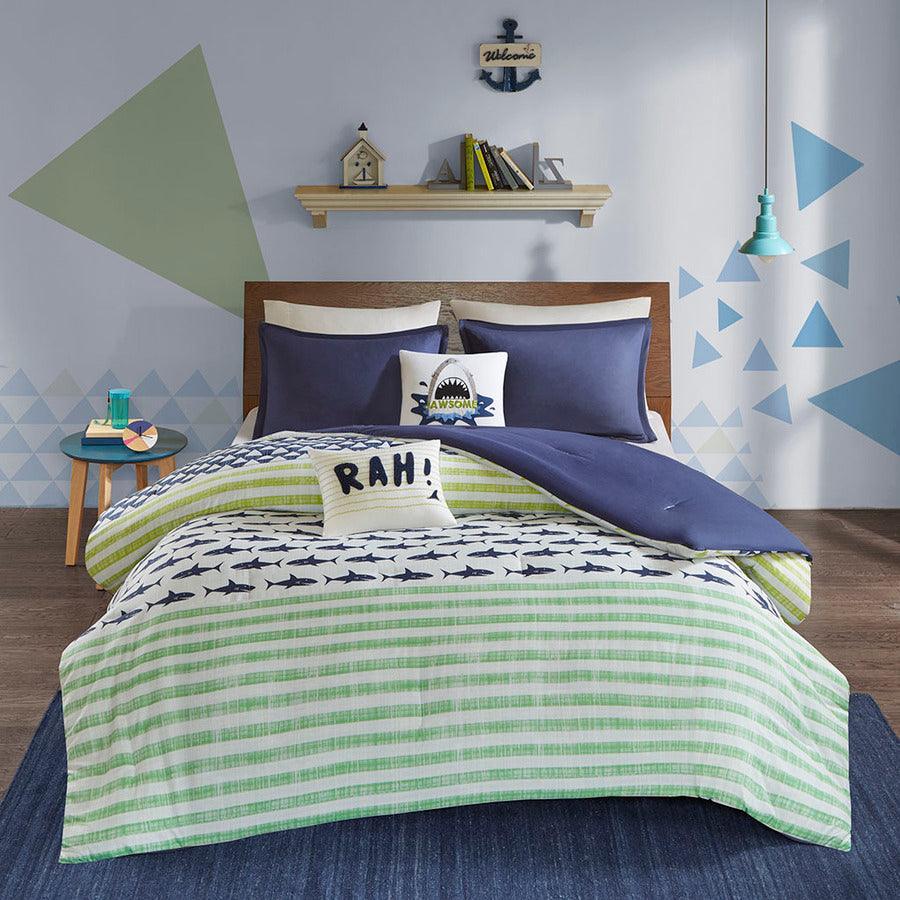 Finn Shark Casual Cotton Comforter Set Green & Navy Full/Queen Olliix.com