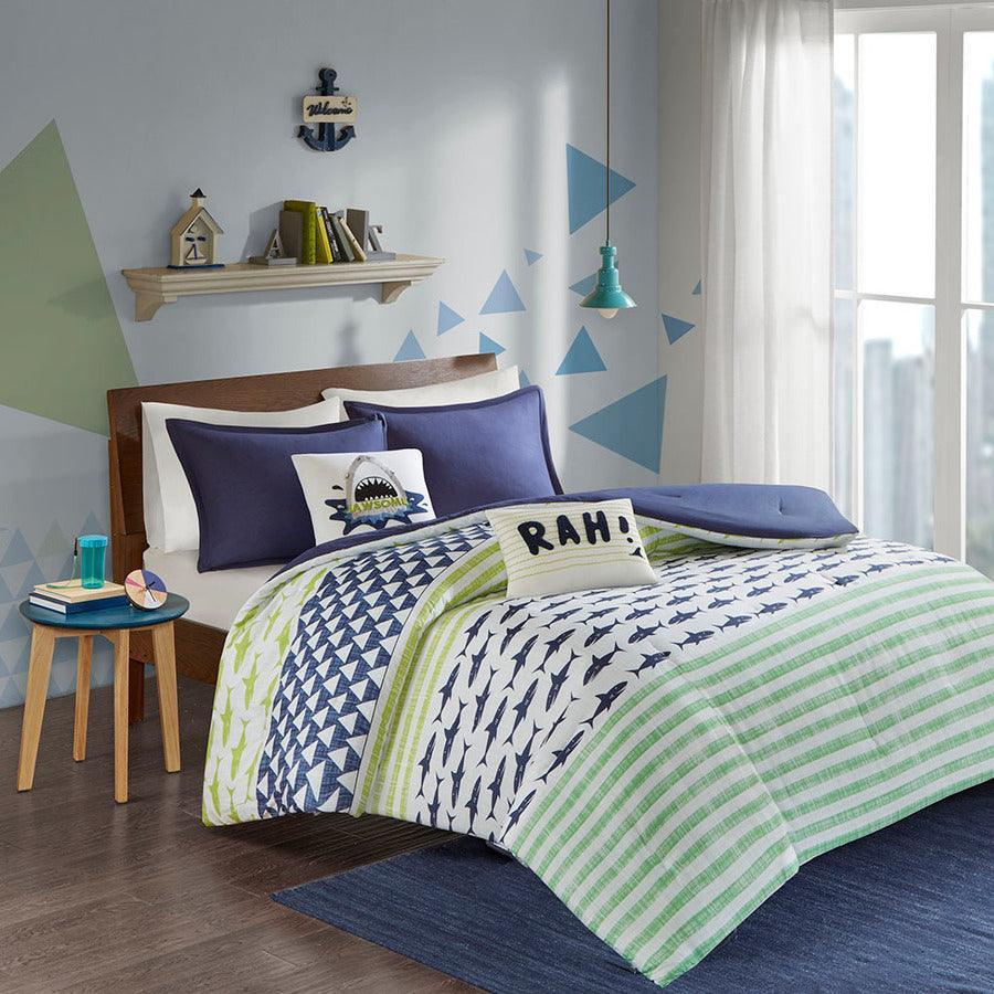 Finn Shark Casual Cotton Comforter Set Green & Navy Full/Queen Olliix.com