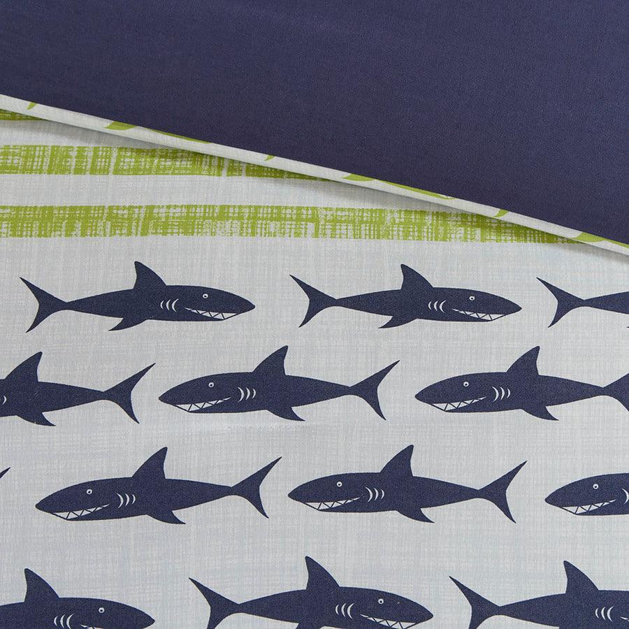 Finn Shark Casual Cotton Comforter Set Green & Navy Full/Queen Olliix.com