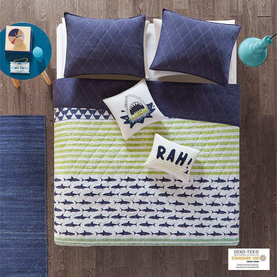 Finn Twin Shark Cotton Reversible Coverlet Set Green & Navy Olliix.com