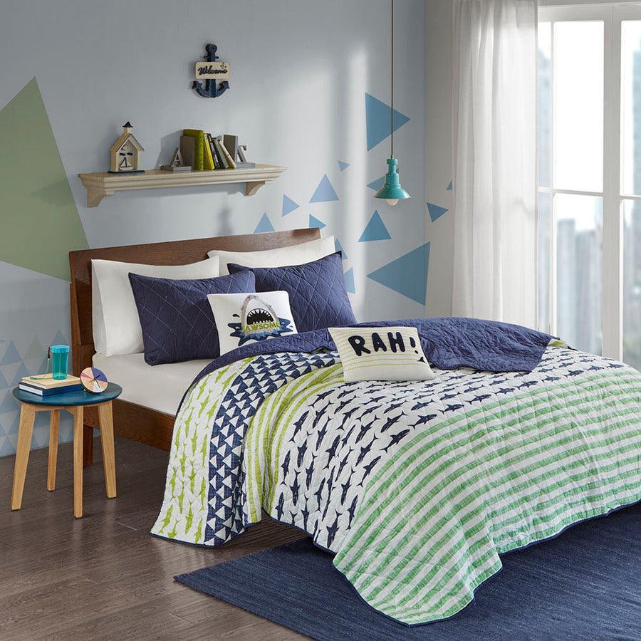 Finn Twin Shark Cotton Reversible Coverlet Set Green & Navy Olliix.com