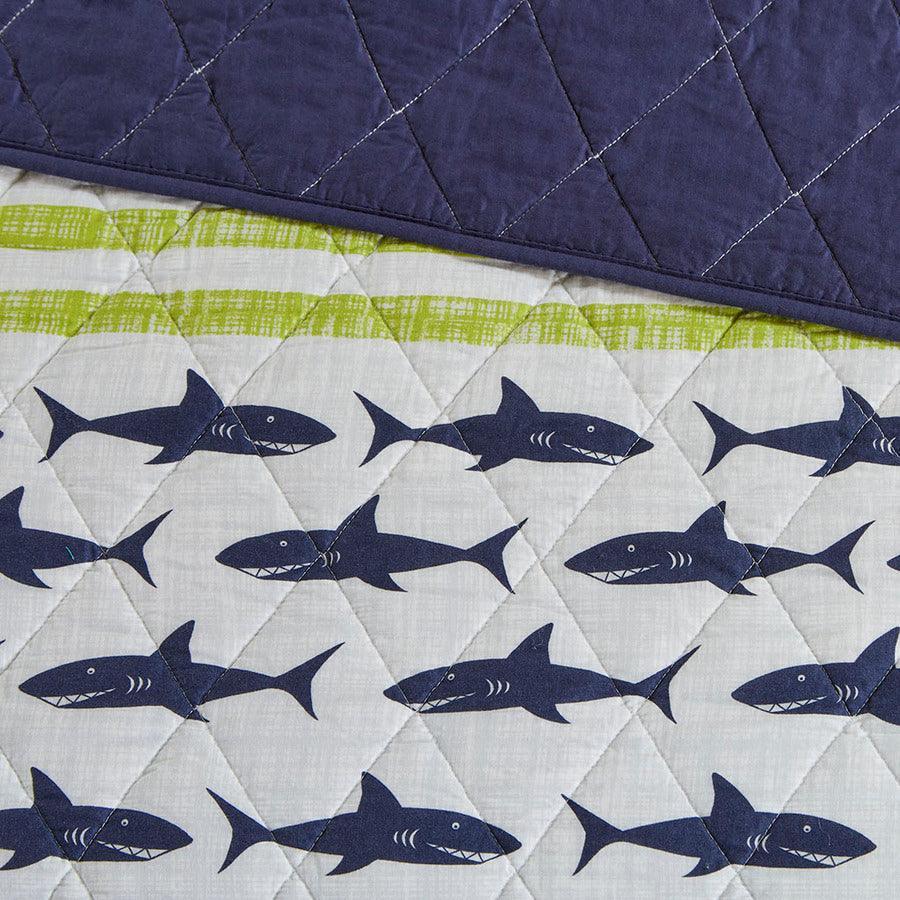 Finn Twin Shark Cotton Reversible Coverlet Set Green & Navy Olliix.com