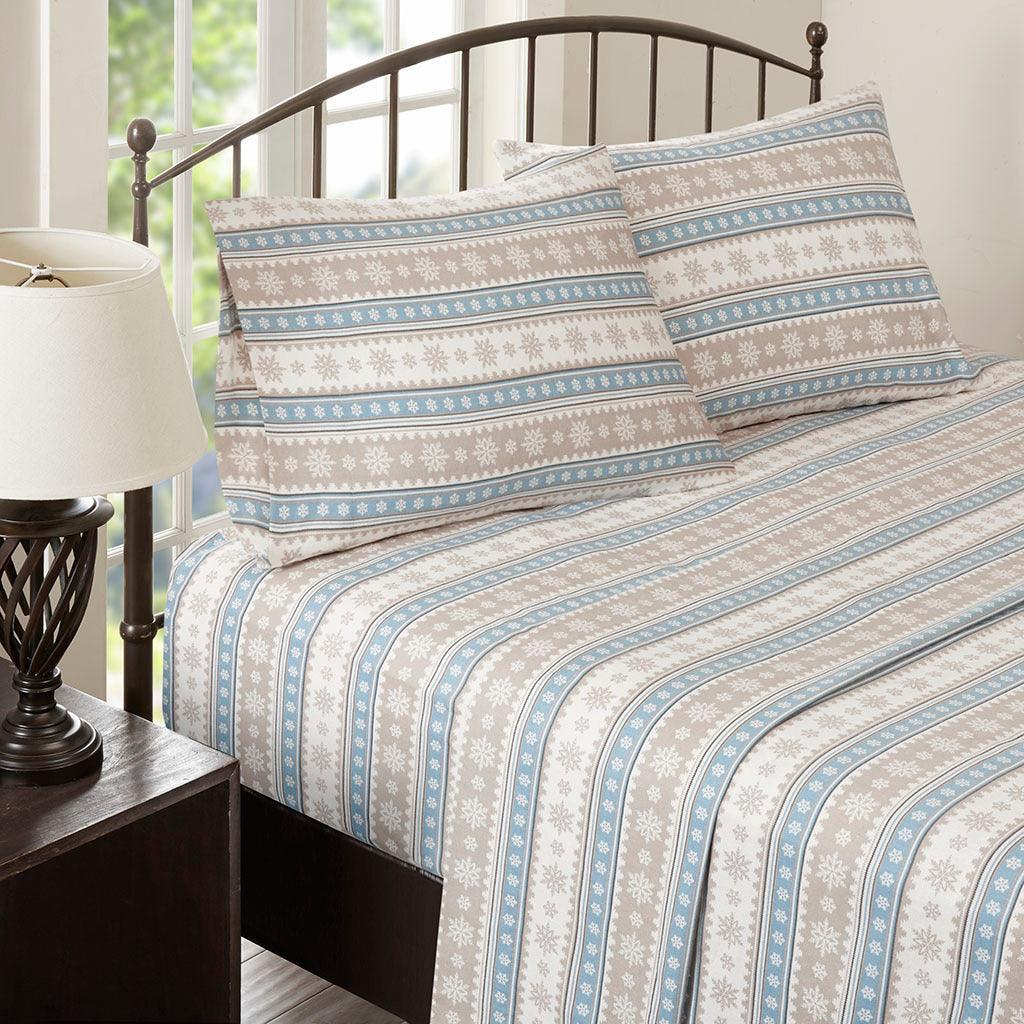 Flannel California King Sheet Set Blue Snowflake Olliix.com