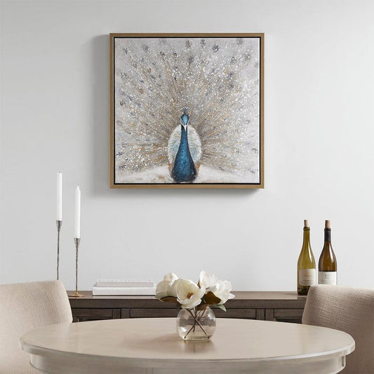 Gilded Peacock Framed Canvas with Gold Foil and Hand Embellishment Multicolor