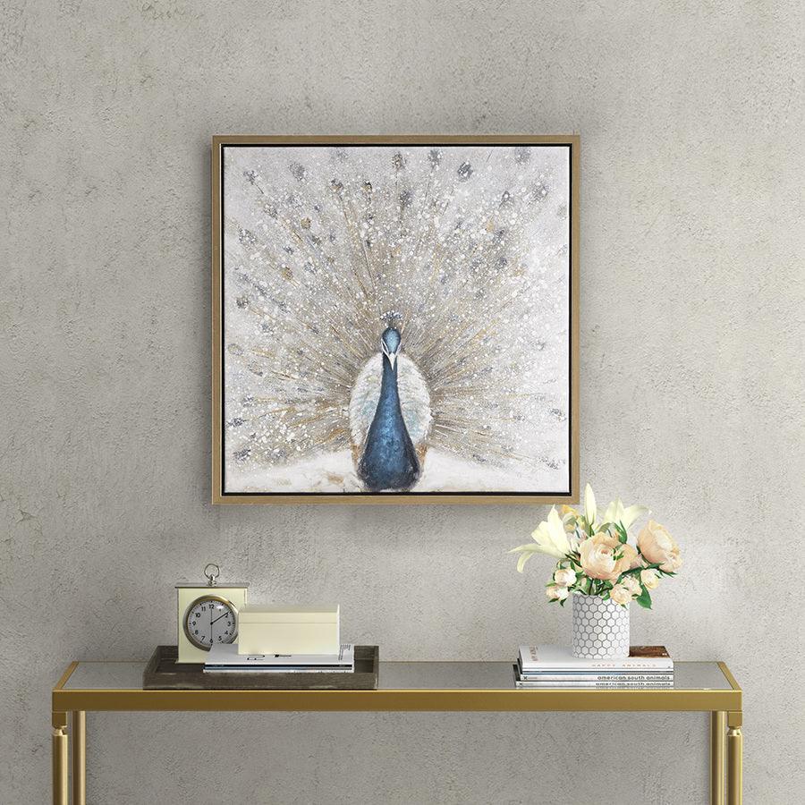 Gilded Peacock Framed Canvas with Gold Foil and Hand Embellishment Multicolor Olliix.com