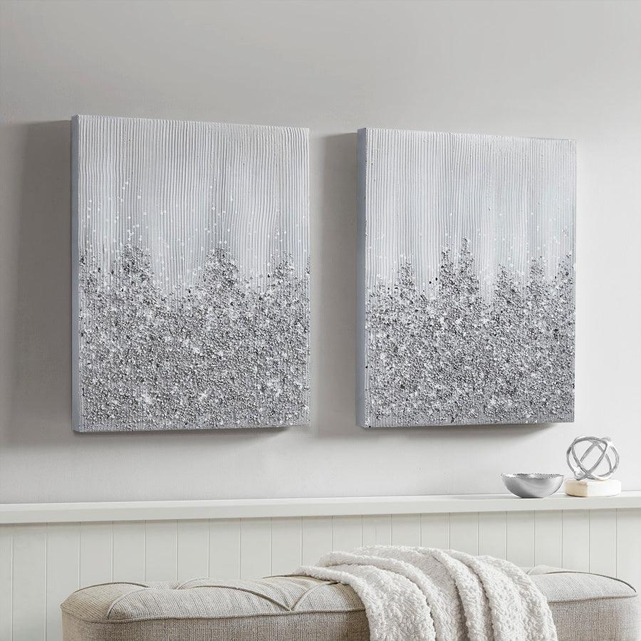 Glimmer 100% Hand Brush Heavy Textured Glitz Embellished Canvas 2 Piece Set Silver Olliix.com