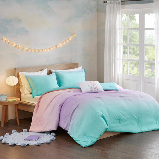 Glimmer Metallic Glitter Printed Reversible Comforter Set Aqua Full/Queen Olliix.com