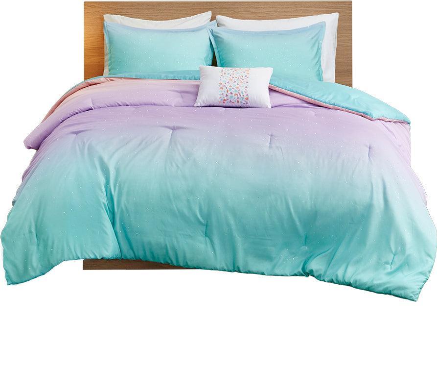 Glimmer Metallic Glitter Printed Reversible Comforter Set Aqua Full/Queen Olliix.com