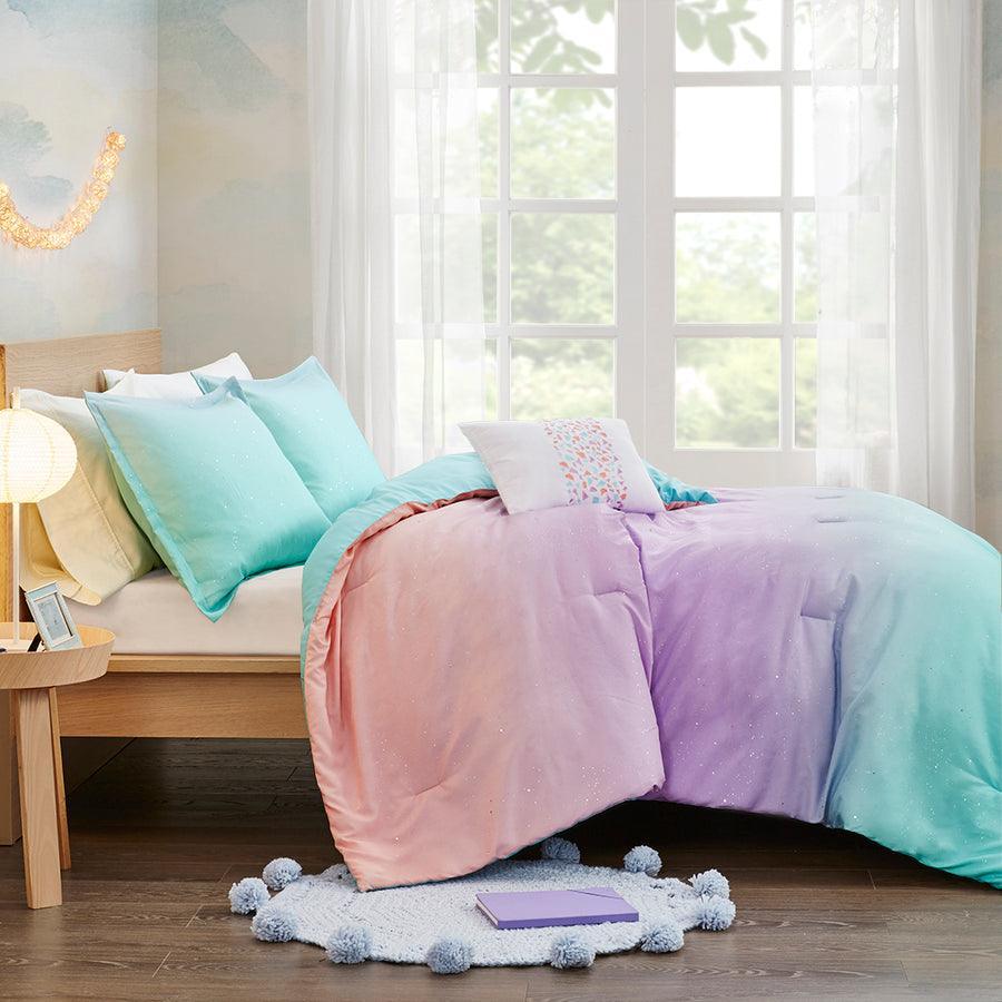 Glimmer Metallic Glitter Printed Reversible Comforter Set Aqua Full/Queen Olliix.com