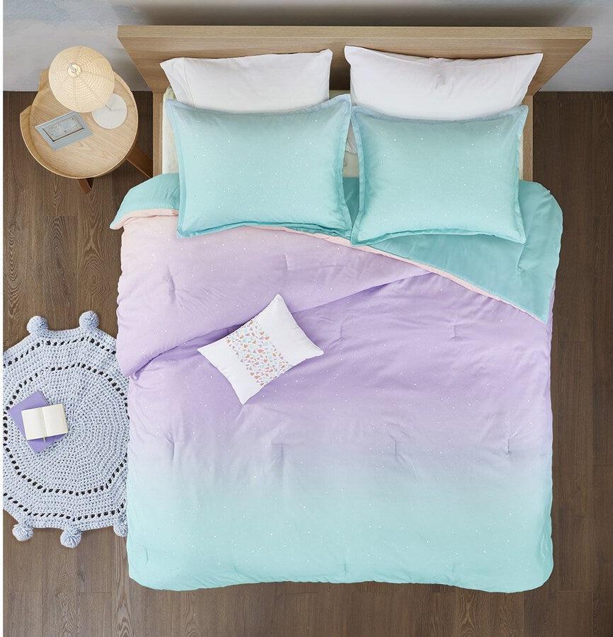 Glimmer Metallic Glitter Printed Reversible Comforter Set Aqua Full/Queen Olliix.com