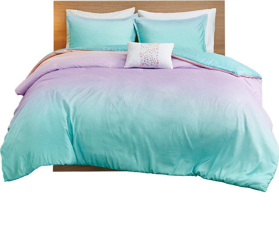 Glimmer Twin/Twin XL Metallic Glitter Printed Reversible Duvet Cover Set Aqua Olliix.com