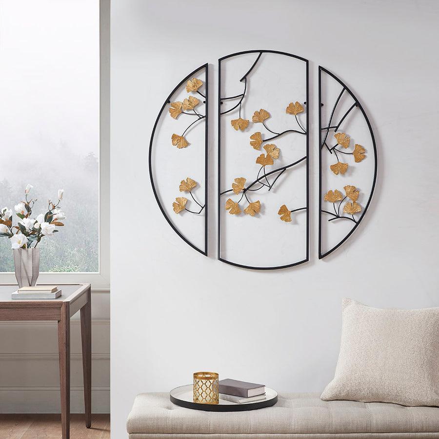 Golden Gingko Leaves Metal Wall Decor 3pc Set Black & Gold Olliix.com