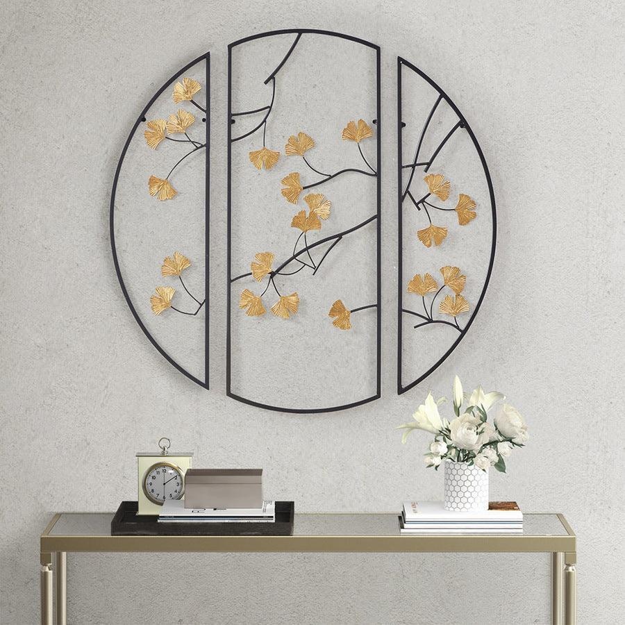 Golden Gingko Leaves Metal Wall Decor 3pc Set Black & Gold Olliix.com