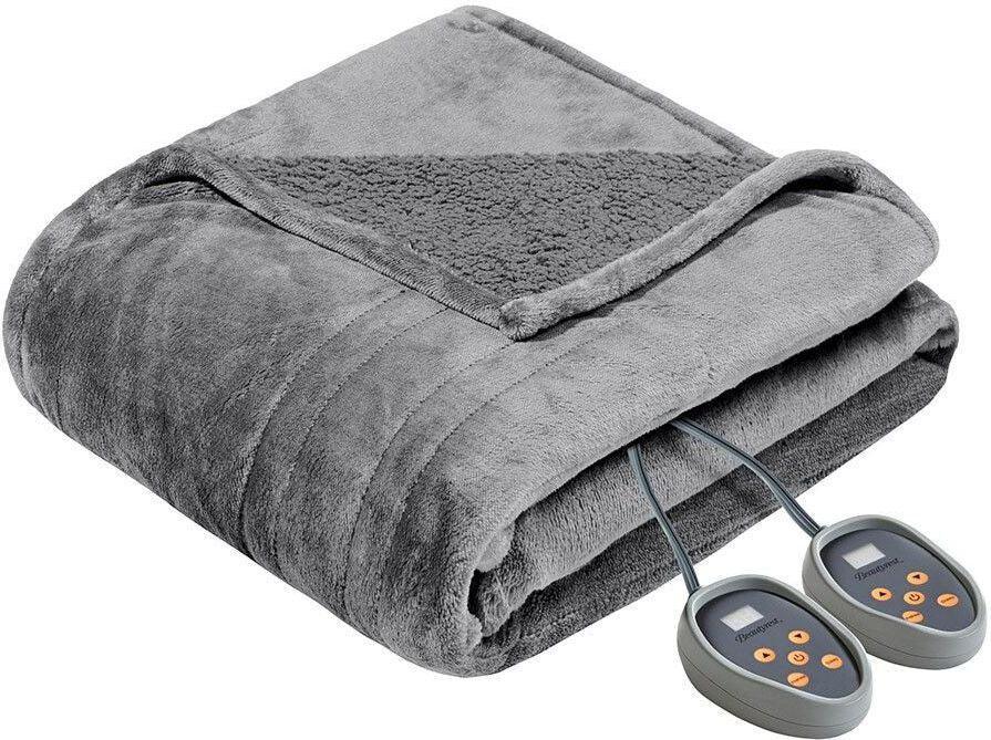 Heated Microlight Berber Full Blanket Gray Olliix.com