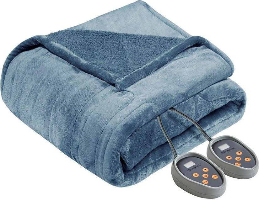 Heated Microlight Berber Twin Blanket Blue Olliix.com