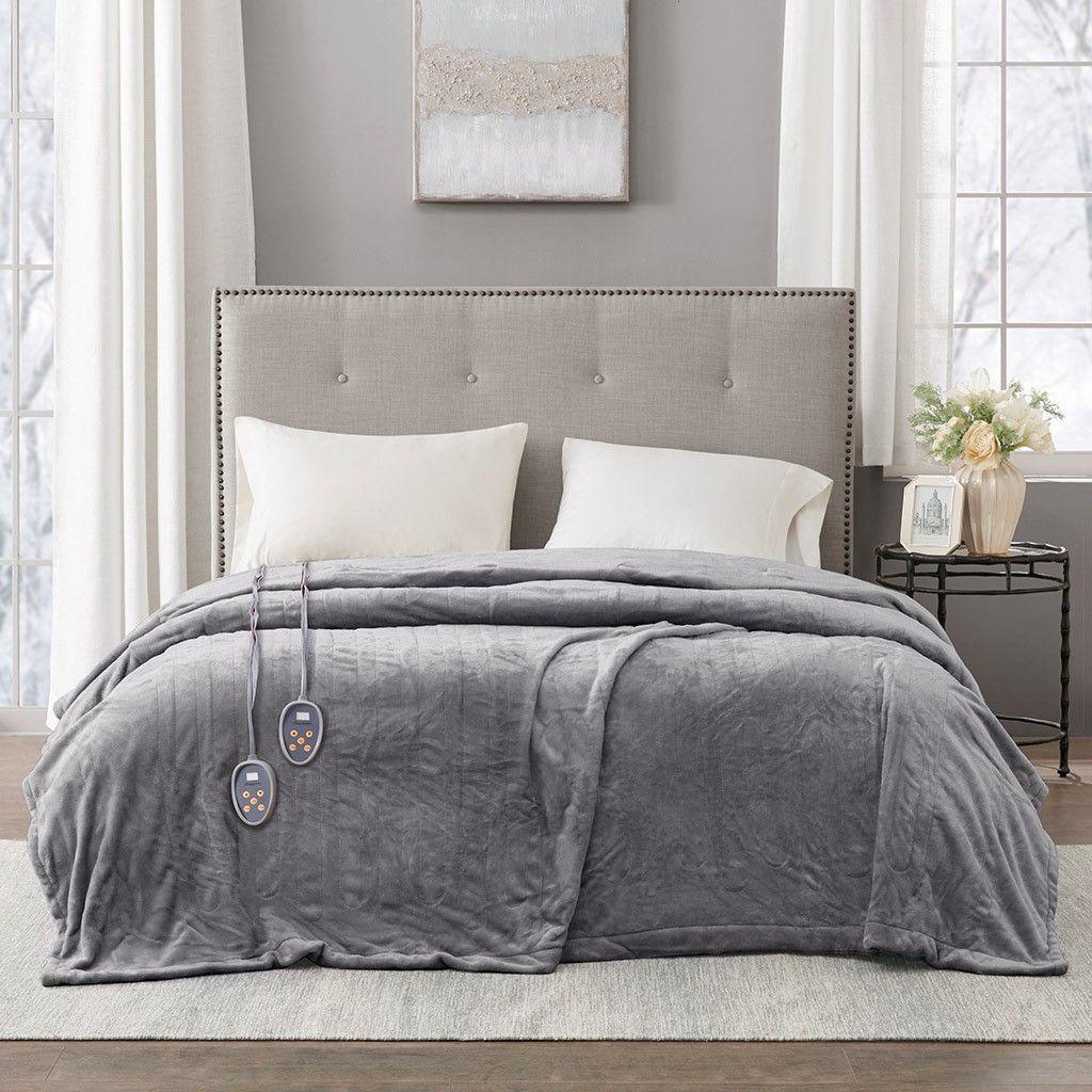 Heated Plush Twin Blanket Gray Olliix.com