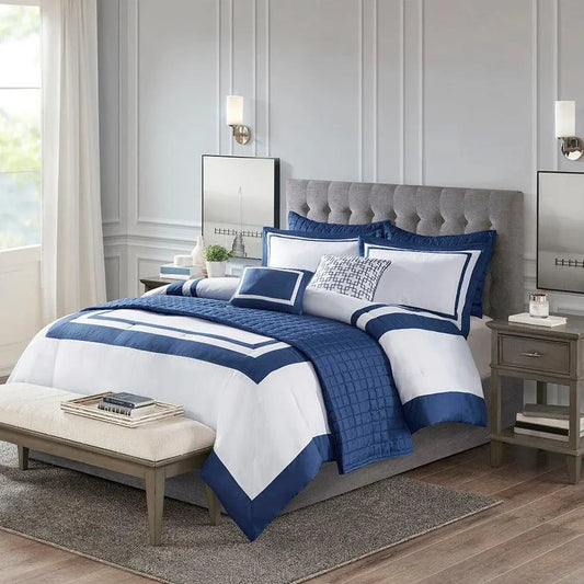 Heritage King/California King 8 Piece Comforter and Coverlet Set Collection Navy Olliix.com