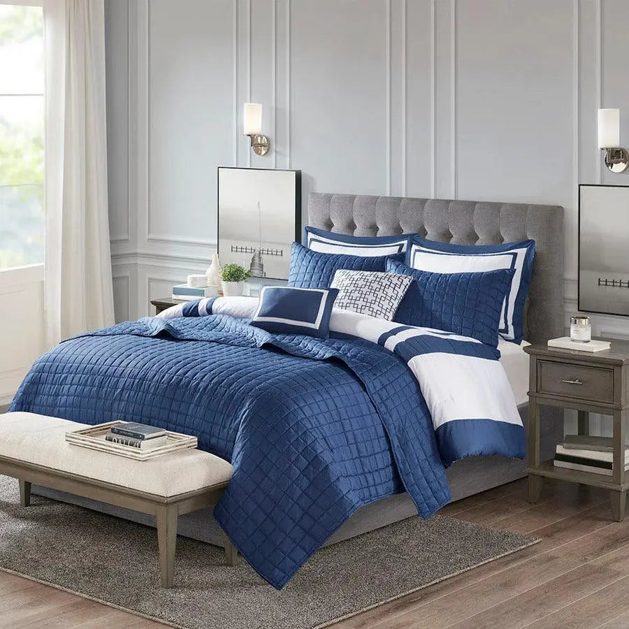 Heritage King/California King 8 Piece Comforter and Coverlet Set Collection Navy Olliix.com