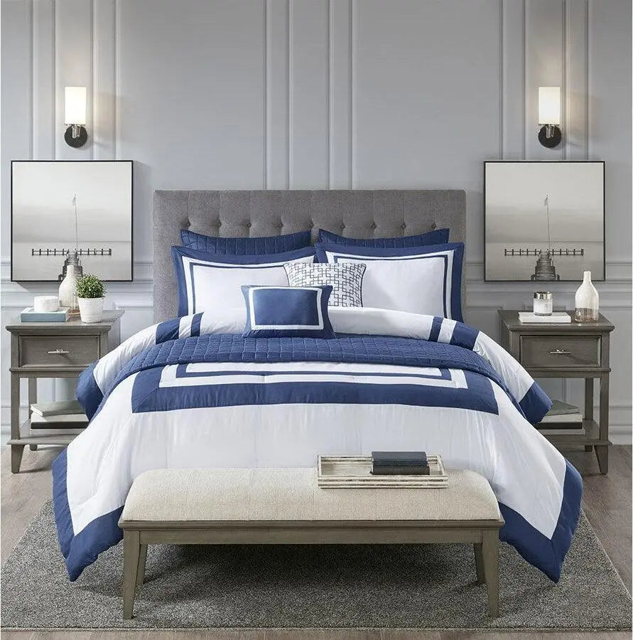 Heritage King/California King 8 Piece Comforter and Coverlet Set Collection Navy Olliix.com