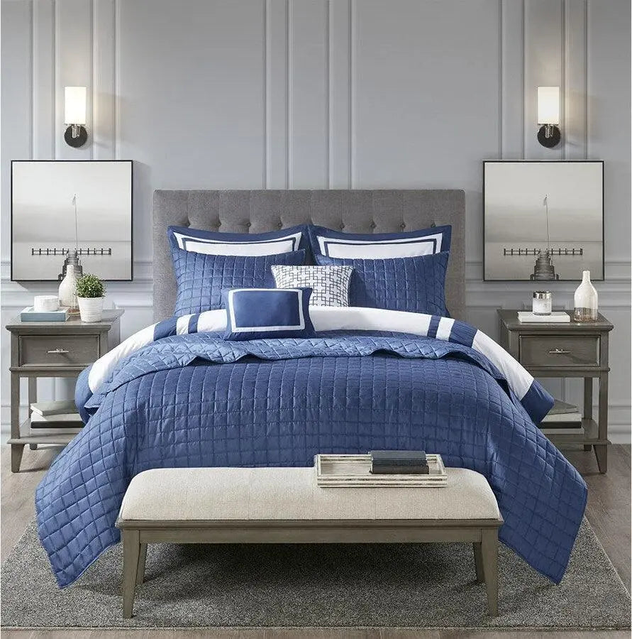 Heritage King/California King 8 Piece Comforter and Coverlet Set Collection Navy Olliix.com