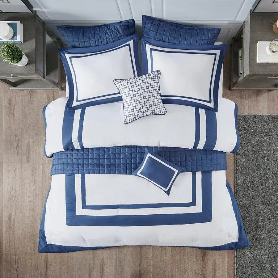 Heritage King/California King 8 Piece Comforter and Coverlet Set Collection Navy Olliix.com