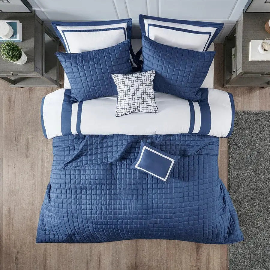 Heritage King/California King 8 Piece Comforter and Coverlet Set Collection Navy Olliix.com