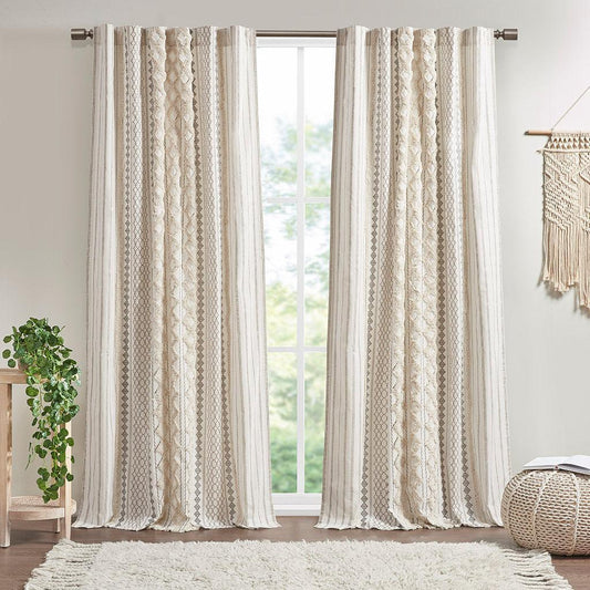 Imani 84" Cotton Printed Window Panel with Chenille Stripe and Lining Ivory Olliix.com