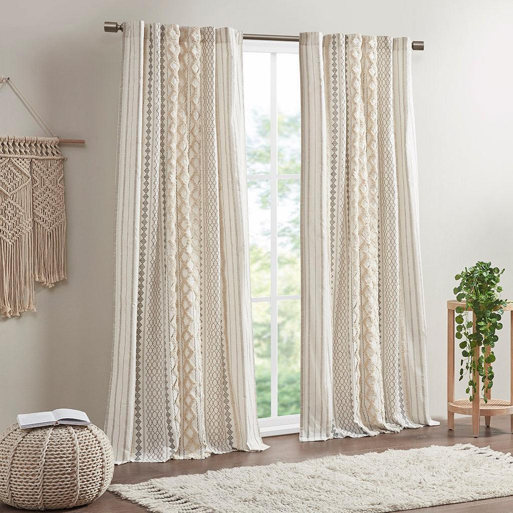 Imani 84" Cotton Printed Window Panel with Chenille Stripe and Lining Ivory Olliix.com