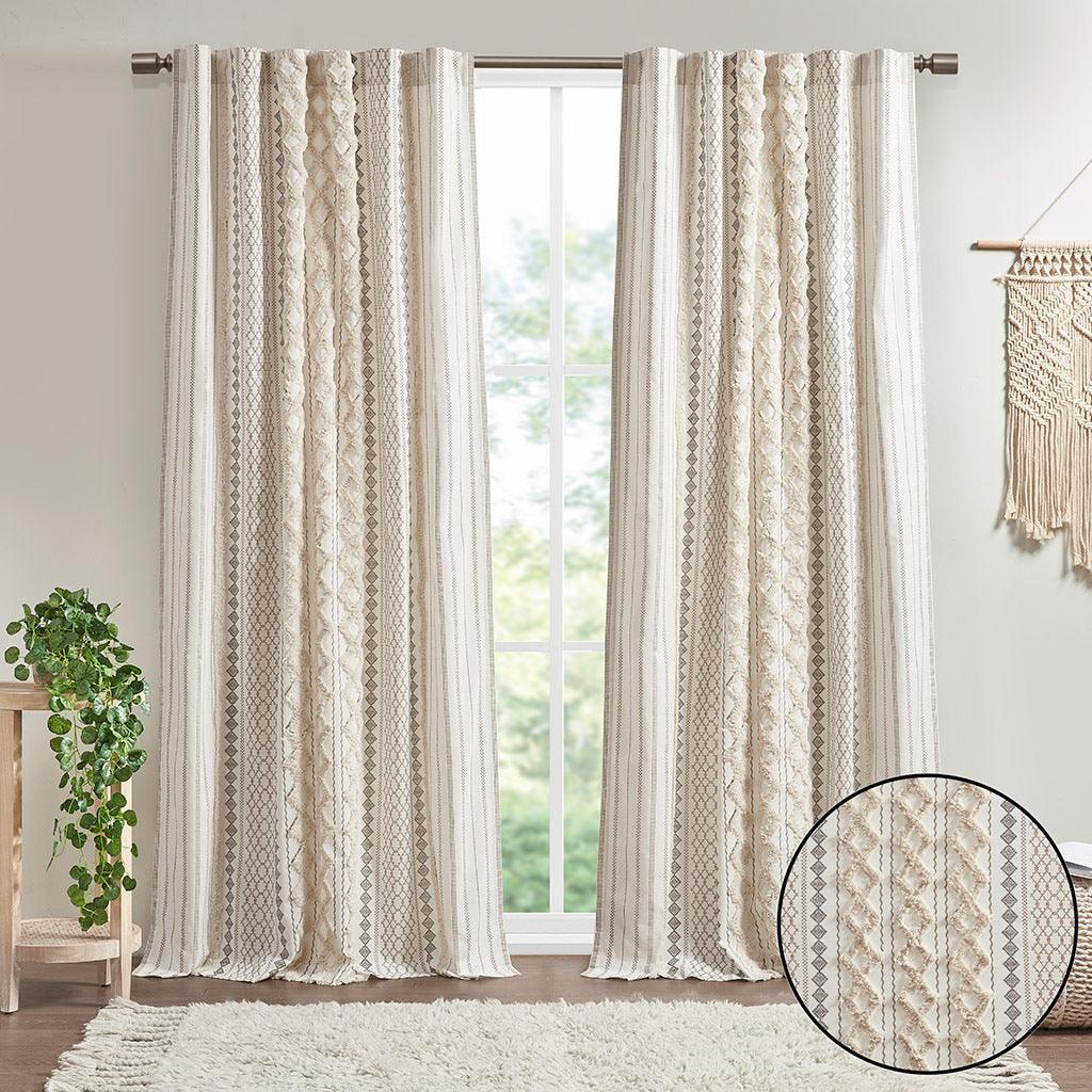 Imani 84" Cotton Printed Window Panel with Chenille Stripe and Lining Ivory Olliix.com