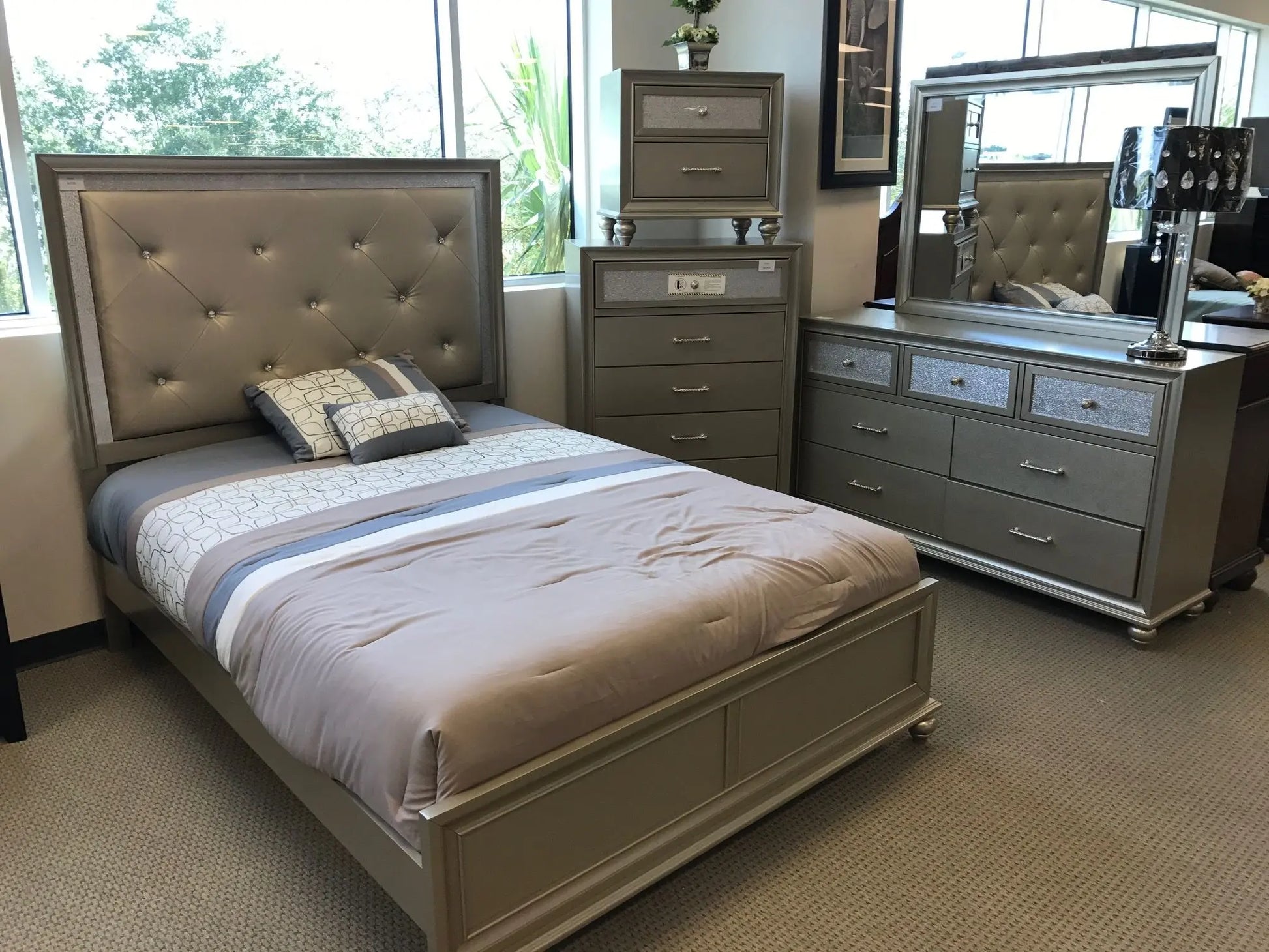 Lila Champagne Upholstered Panel Bedroom Set Crown Mark