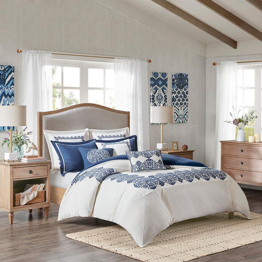 Indigo Coastal Sky Faux Linen Oversized Comforter Set Off White | Blue King Olliix.com