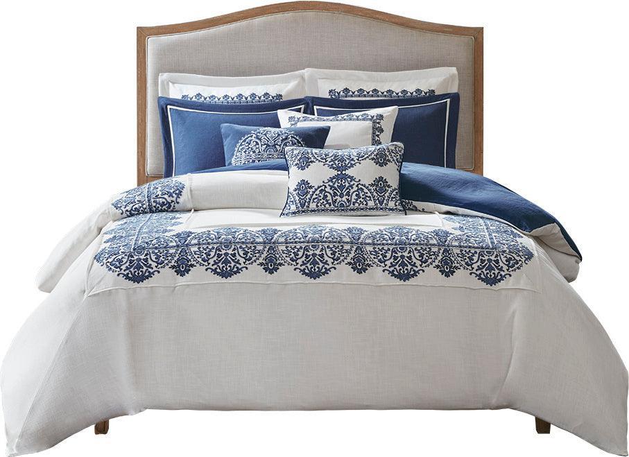 Indigo Coastal Sky Faux Linen Oversized Comforter Set Off White | Blue King Olliix.com