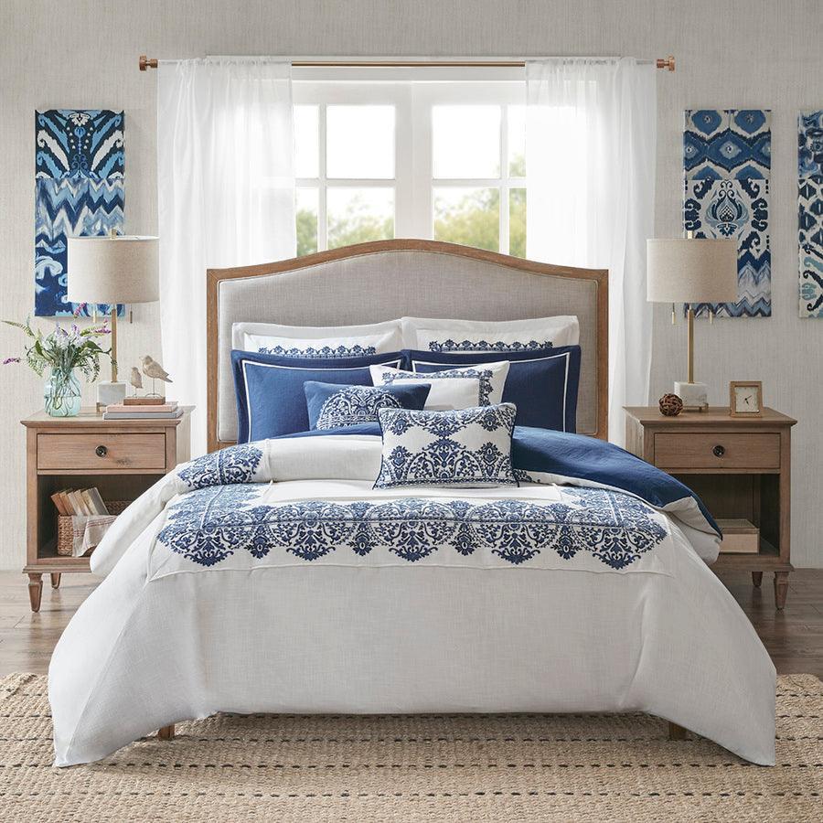 Indigo Coastal Sky Faux Linen Oversized Comforter Set Off White | Blue King Olliix.com