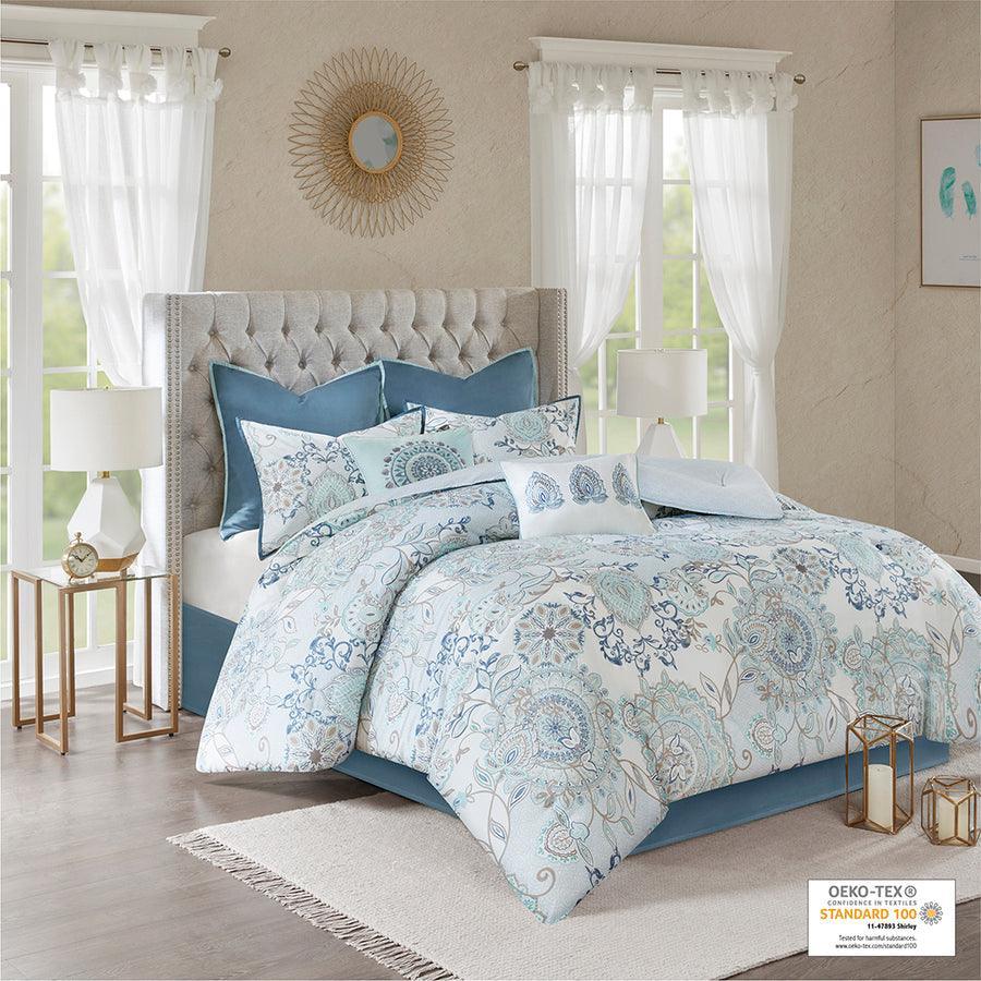 Isla 20 " D 8 Piece Cotton Printed Reversible Comforter Set Blue King Olliix.com