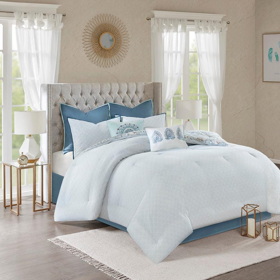 Isla 20 " D 8 Piece Cotton Printed Reversible Comforter Set Blue King Olliix.com