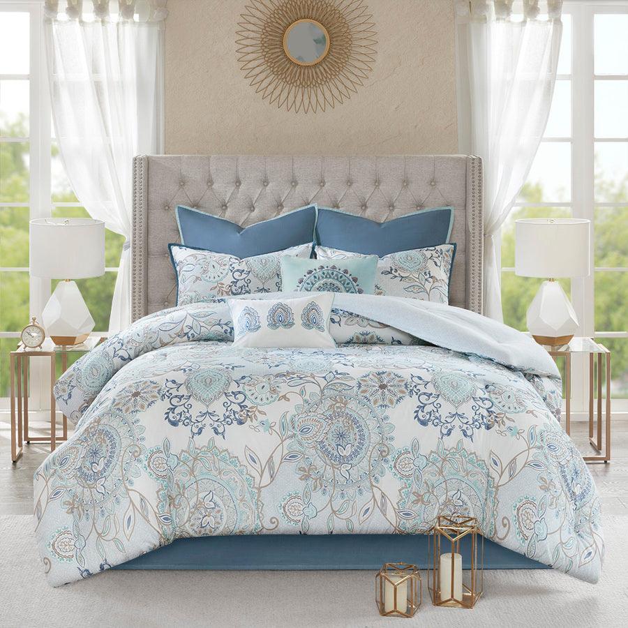 Isla 20 " D 8 Piece Cotton Printed Reversible Comforter Set Blue King Olliix.com